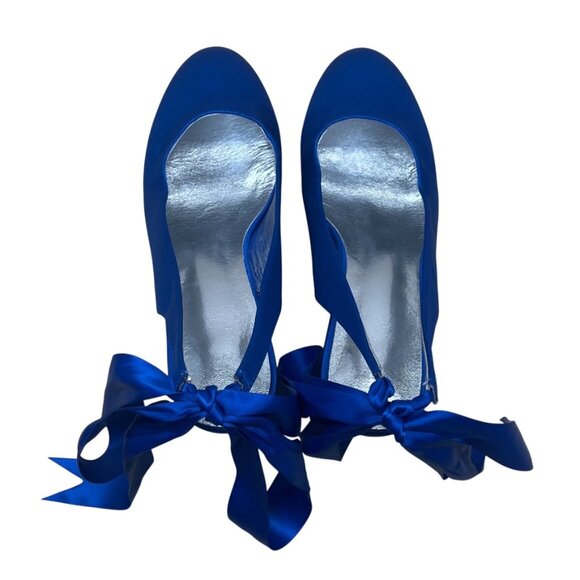 Women’s Blue Satin Ribbon-Tie Ballerina Heels With Silver Insole Heel Sz 9.5 - Picture 5 of 6